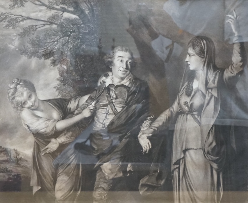 After Sir Joshua Reynolds (1723-1792), 'David Garrick between tragedy and comedy', sold by Edward Fisher, John Boydell and E Bakewell, 1762, mezzotint, 45 x 53cm